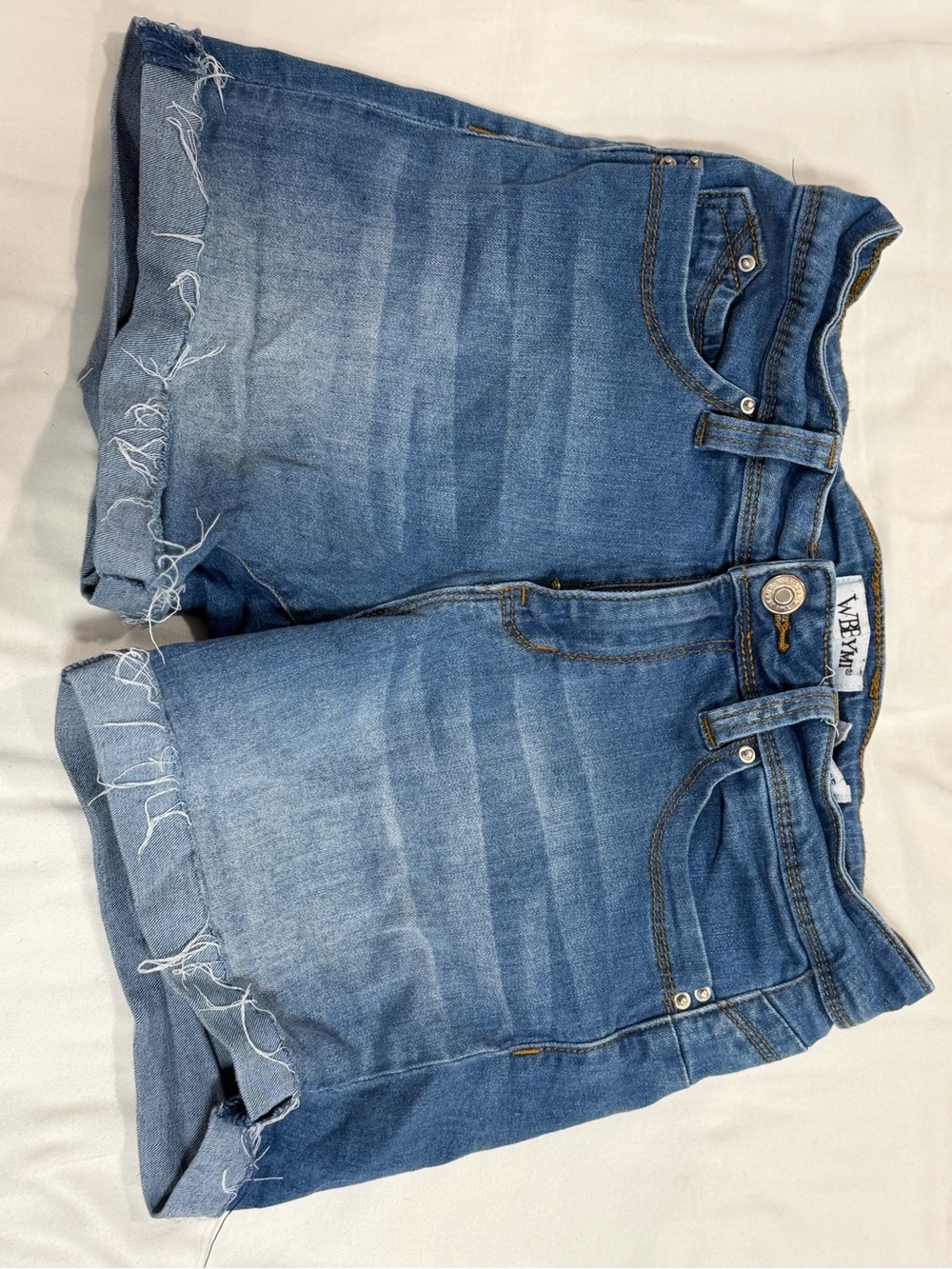 Mid-Rise Blue Denim Frayed Hem Jean Shorts